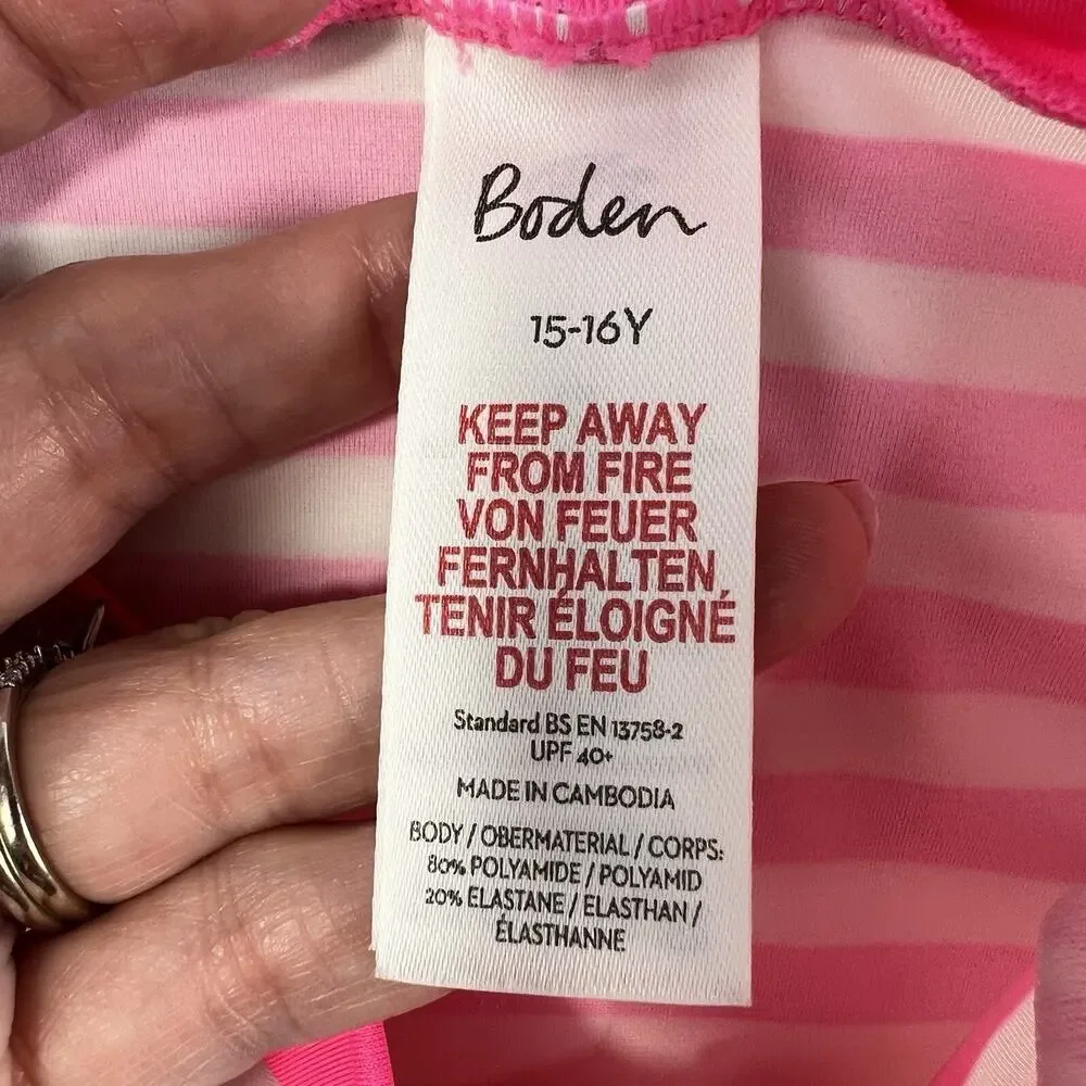 Boden 15 16 Youth Rash Guard Long Sleeve Swim Top Pink White Striped UPF 40+‎